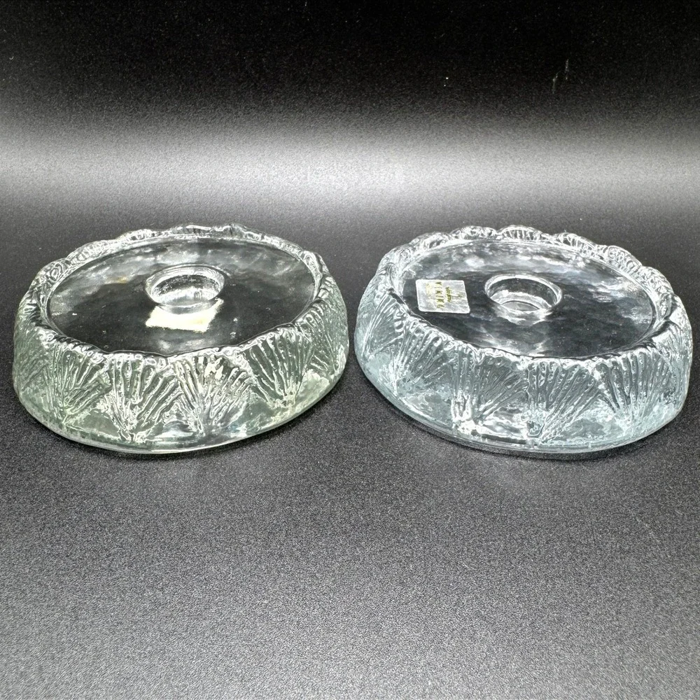 Vintage Viking Glass Candle Holders Lot of 2 Textured Shell Pattern MCM‎ Rare